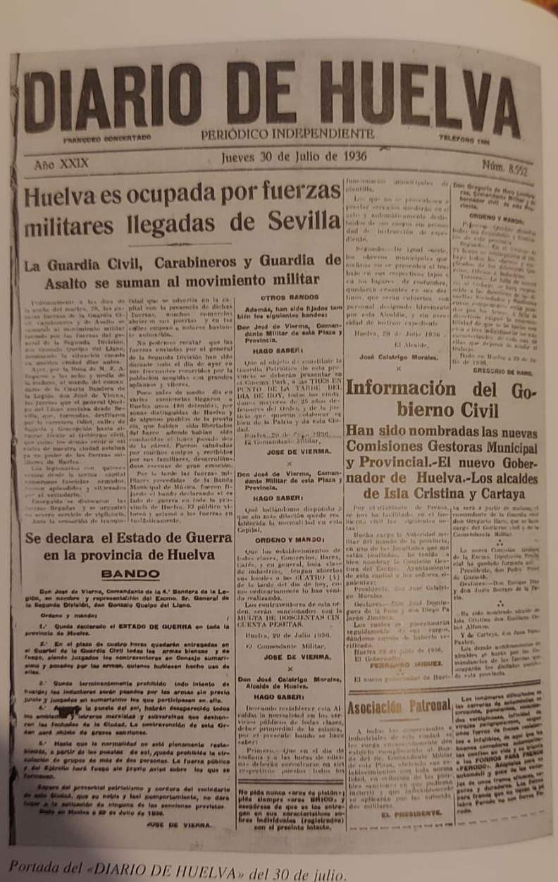 Portada de Diario de Huelva tras la ocupación franquista de la capital en 1936